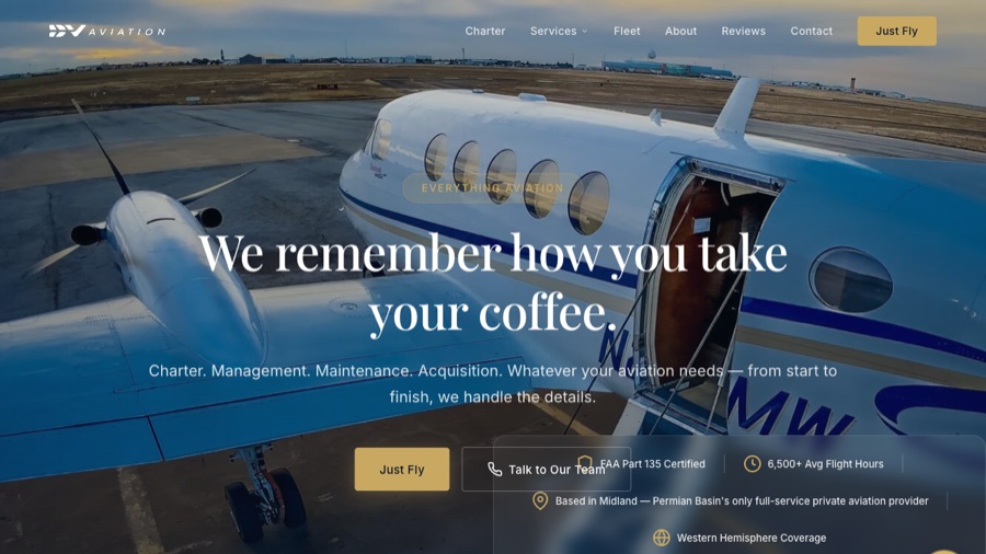 DV Aviation website homepage